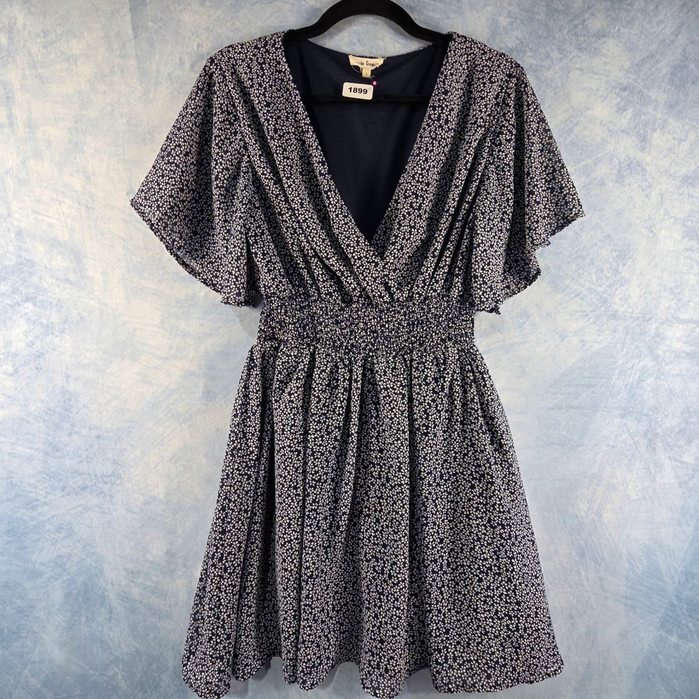 In Loom Womens Navy Blue Floral Smocked Waist V-Neck Flutter Sleeve Mini Dress S